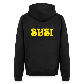 Vintage Text Susi Yellow Text - Unisex Premium Organic Zip Hoodie - black - Back - Nico (187cm)