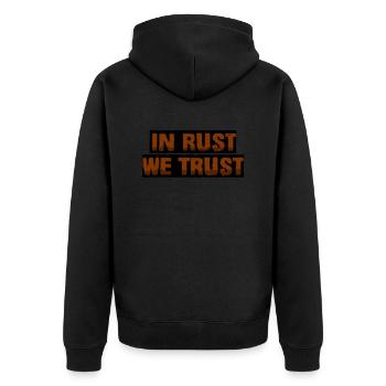 In rust we trust - Unisex Premium Organic Zip Hoodie - black - Back - Nico (187cm)