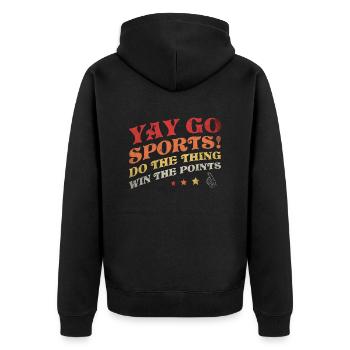 Nicht-Sport-Fan Go Sports Yay Sports - Unisex Premium Bio Zip Hoodie - Schwarz - Hinten - Nico (187cm)