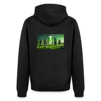 gruselige mythische Orte – UFO fliegt Stonehenge - Unisex Premium Bio Zip Hoodie - Schwarz - Hinten - Nico (187cm)