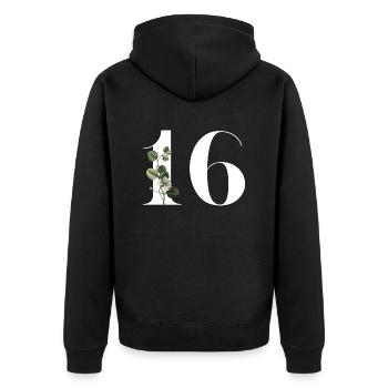 Nummer 16 Blumengrün -16. Blumengeburtstag - Unisex Premium Bio Zip Hoodie - Schwarz - Hinten - Nico (187cm)
