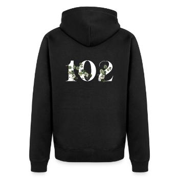 Numéro 102 floral vert - 102e anniversaire floral - Veste à capuche bio Premium Unisexe - noir - Dos - Nico (187cm)