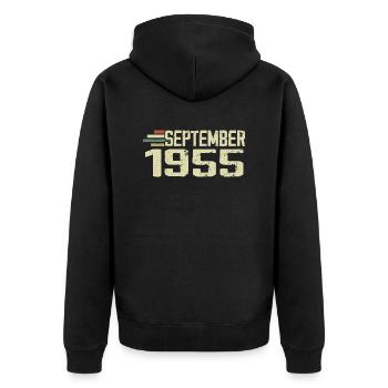 September 1955 Vintage Geschenkidee September 1955 - Unisex Premium Bio Zip Hoodie - Schwarz - Hinten - Nico (187cm)