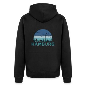 Hansestadt Hamburg Skyline Hamburger Hafen Retro - Unisex Premium Bio Zip Hoodie - Schwarz - Hinten - Nico (187cm)