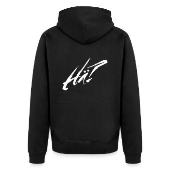 Hä? Lustiger Spruch Geschenkidee - Unisex Premium Bio Zip Hoodie - Schwarz - Hinten - Nico (187cm)
