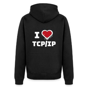 I love TCP/IP - Tribut an TCP IP & DARPA - Unisex Premium Bio Zip Hoodie - Schwarz - Hinten - Nico (187cm)