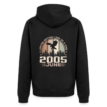 Unvergleichlich seit Juni 2005, 19-jähriges Jubiläum - Unisex Premium Bio Zip Hoodie - Schwarz - Hinten - Nico (187cm)