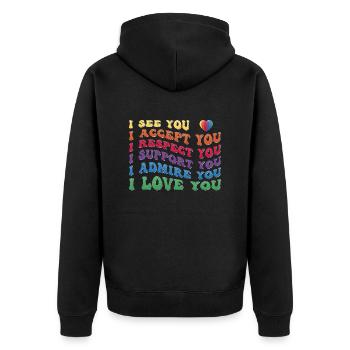 Stolz - Akzeptieren Respekt Unterstützen Bewundern Lieben - Unisex Premium Bio Zip Hoodie - Schwarz - Hinten - Nico (187cm)