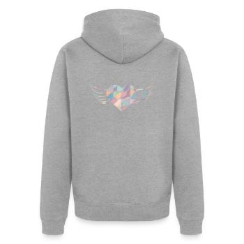 Pastellfarbenes Herz mit Flügeln - ApriNoeScor - Unisex Premium Bio Zip Hoodie - Grau meliert - Hinten - Nico (187cm)