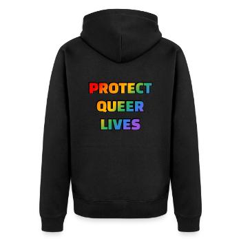 Queeres Leben schützen - Unisex Premium Bio Zip Hoodie - Schwarz - Hinten - Nico (187cm)
