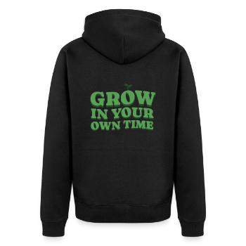Grow In Your Own Time – Grow at Your Own Pace - Unisex Premium Organic Zip Hoodie - black - Back - Nico (187cm)