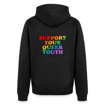 Unterstütze deine queere Jugend - Unisex Premium Bio Zip Hoodie - Schwarz - Hinten - Nico (187cm)