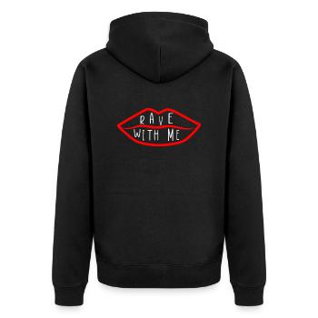 Logo de la lèvre rouge RAVE with me - Veste à capuche bio Premium Unisexe - noir - Dos - Nico (187cm)