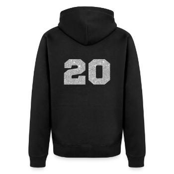 Nummer 20 Silberglitter - 20-jähriges Jubiläum - Unisex Premium Bio Zip Hoodie - Schwarz - Hinten - Nico (187cm)