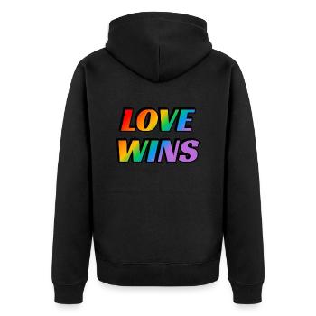 Liebe gewinnt LGBT Regenbogen Text Gay Pride - Unisex Premium Bio Zip Hoodie - Schwarz - Hinten - Nico (187cm)