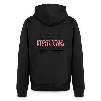 Bestätigung beste OMA - Datum & Unterschrift - Unisex Premium Bio Zip Hoodie - Schwarz - Hinten - Nico (187cm)