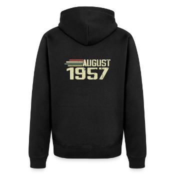 Geboren August 1957 Jubiläum August 1957 Jahrgang - Unisex Premium Bio Zip Hoodie - Schwarz - Hinten - Nico (187cm)