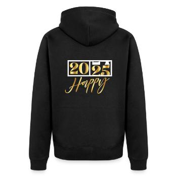 2025 Happy – Funny Silvester Design - Unisex Premium Bio Zip Hoodie - Schwarz - Hinten - Nico (187cm)
