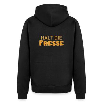 Halt die Fresse - Cooler Spruch - Schweigen - Unisex Premium Bio Zip Hoodie - Schwarz - Hinten - Nico (187cm)