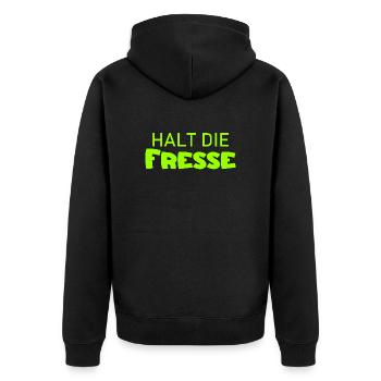 Halt die Fresse - Cooler Spruch - Schweigen - Unisex Premium Bio Zip Hoodie - Schwarz - Hinten - Nico (187cm)