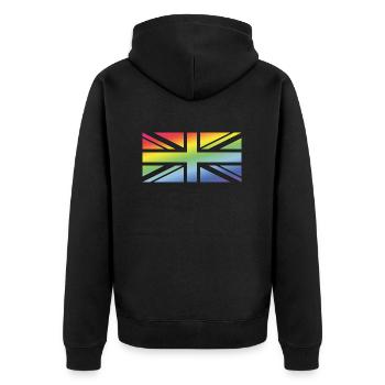 Union Jack / Regenbogenfahne (United Kingdom) - Unisex Premium Bio Zip Hoodie - Schwarz - Hinten - Nico (187cm)