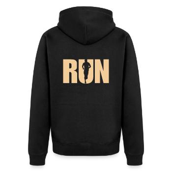 Lauf - sportliche Geschenkidee - Unisex Premium Bio Zip Hoodie - Schwarz - Hinten - Nico (187cm)