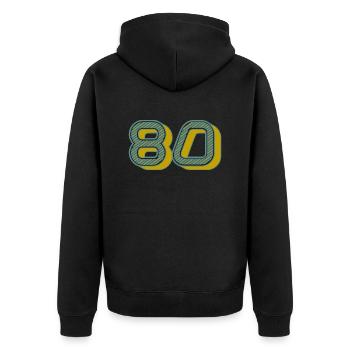 80. 80 YEARS. 80th ANNIVERSARY. 80 YEARS ANNIVERSARY. - Unisex Premium Organic Zip Hoodie - black - Back - Nico (187cm)