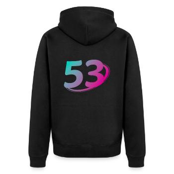 Nummer 53 mehrfarbig - Unisex Premium Bio Zip Hoodie - Schwarz - Hinten - Nico (187cm)
