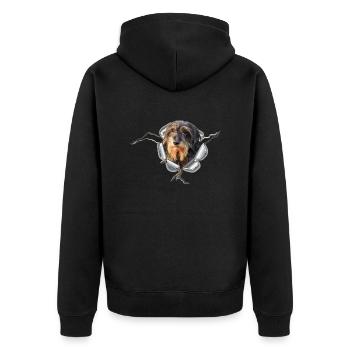 Rauhaardackel im *Metall-Loch* - Unisex Premium Bio Zip Hoodie - Schwarz - Hinten - Nico (187cm)