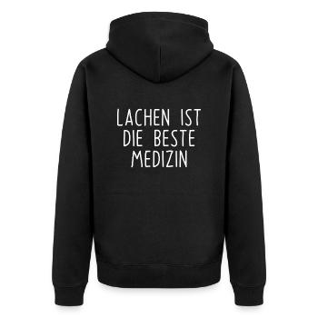 Lachen ist die beste Medizin Spruch Schrift - Unisex Premium Bio Zip Hoodie - Schwarz - Hinten - Nico (187cm)