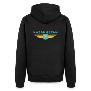 Kasachstan Design – Steppe und Tradition - Unisex Premium Bio Zip Hoodie - Schwarz - Hinten - Nico (187cm)