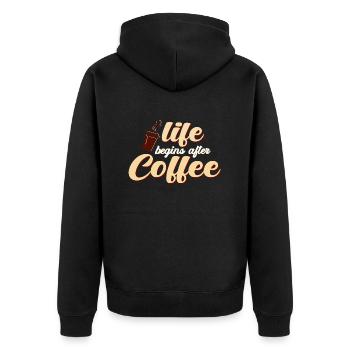 life begins after Coffee - Unisex Premium Bio Zip Hoodie - Schwarz - Hinten - Nico (187cm)