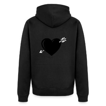 Schwarzes 3D Herz mit weißem Pfeil - Unisex Premium Bio Zip Hoodie - Schwarz - Hinten - Nico (187cm)