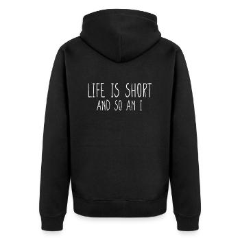 Das Leben ist kurz und ich bin auch lustig - Unisex Premium Bio Zip Hoodie - Schwarz - Hinten - Nico (187cm)