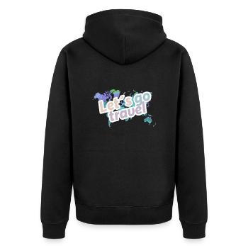 Karte mit Buchstaben: "lets go travel" - Unisex Premium Bio Zip Hoodie - Schwarz - Hinten - Nico (187cm)