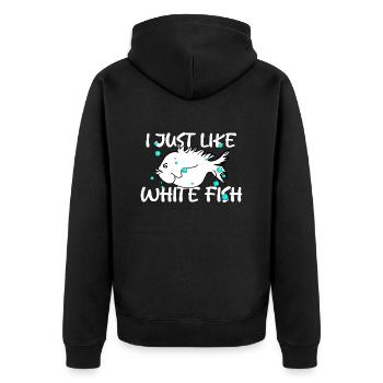 Weisser Fisch Zitat - Unisex Premium Bio Zip Hoodie - Schwarz - Hinten - Nico (187cm)