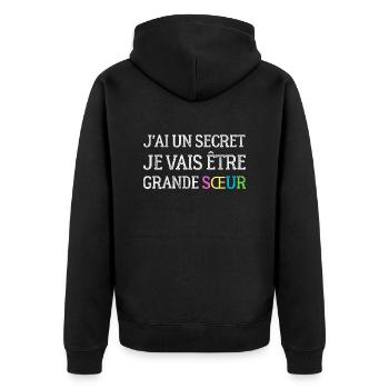 Ich habe ein Geheimnis, ich werde eine große Schwester sein - Unisex Premium Bio Zip Hoodie - Schwarz - Hinten - Nico (187cm)