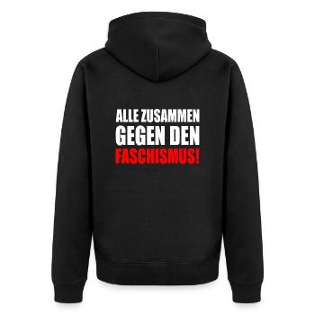 alle zusammen gegen faschismus - Unisex Premium Bio Zip Hoodie - Schwarz - Hinten - Nico (187cm)