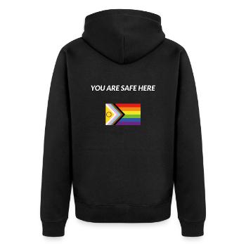 Hier sind Sie sicher inklusive Stolz - Unisex Premium Bio Zip Hoodie - Schwarz - Hinten - Nico (187cm)