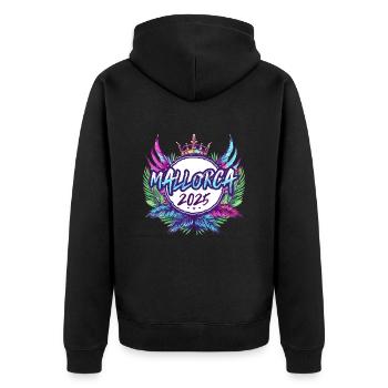 Mallorca 2025 Bunt - Unisex Premium Bio Zip Hoodie - Schwarz - Hinten - Nico (187cm)