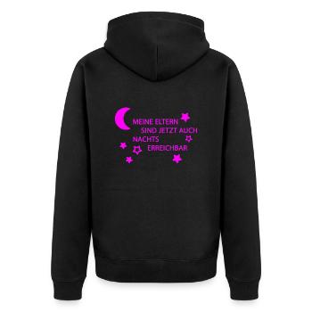 Eltern erreichbar pink - Unisex Premium Bio Zip Hoodie - Schwarz - Hinten - Nico (187cm)