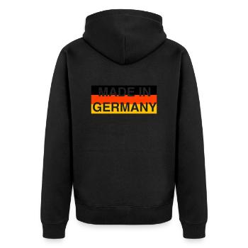 Cooles „Made in Germany“ Design für sie und ihn - Unisex Premium Bio Zip Hoodie - Schwarz - Hinten - Nico (187cm)