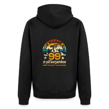 Ich hasse es mit 99 so gut auszusehen - Spruch - Unisex Premium Bio Zip Hoodie - Schwarz - Hinten - Nico (187cm)