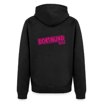 Dortmund - 0231 - Vorwahl - Unisex Premium Bio Zip Hoodie - Schwarz - Hinten - Nico (187cm)