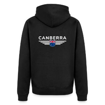 Canberra Australien T-Shirt für Fans und Liebhaber - Unisex Premium Bio Zip Hoodie - Schwarz - Hinten - Nico (187cm)