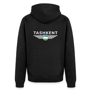 Taschkent T-Shirt – Usbekistans Herz - Unisex Premium Bio Zip Hoodie - Schwarz - Hinten - Nico (187cm)