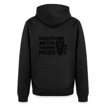 Nachts aktiv Tags über Müde - Unisex Premium Bio Zip Hoodie - Schwarz - Hinten - Nico (187cm)
