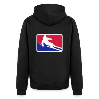 blue red button frame shield ski drive down - Unisex Premium Organic Zip Hoodie - black - Back - Nico (187cm)