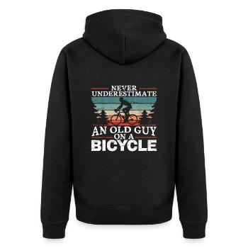 Unterschätze niemals einen alten Mann auf einem Fahrrad Männer - Unisex Premium Bio Zip Hoodie - Schwarz - Hinten - Nico (187cm)