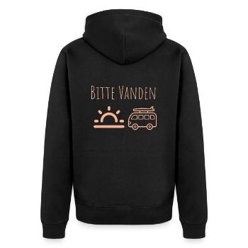 Bitte VANDEN an der Sonne - Unisex Premium Bio Zip Hoodie - Schwarz - Hinten - Nico (187cm)
